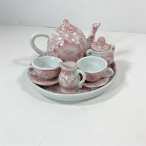 Miniature Ceramic Tea Set Tea Party Dollhouse Pink White Floral Flowers Tea Pot